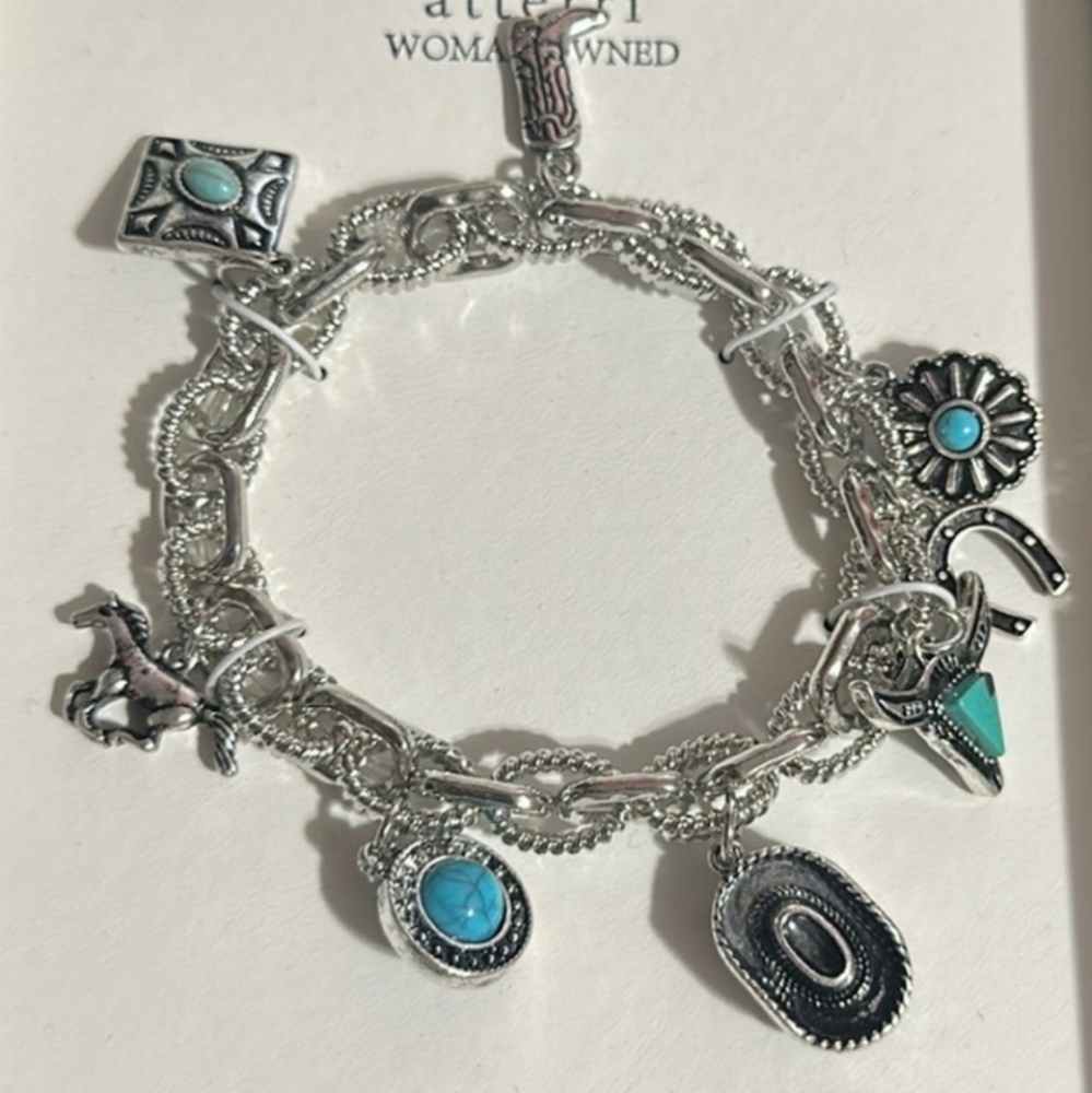 Atterri Silver Toned Charm Bracelet with Turquoise Accents Cowboy Hat Boot Horse